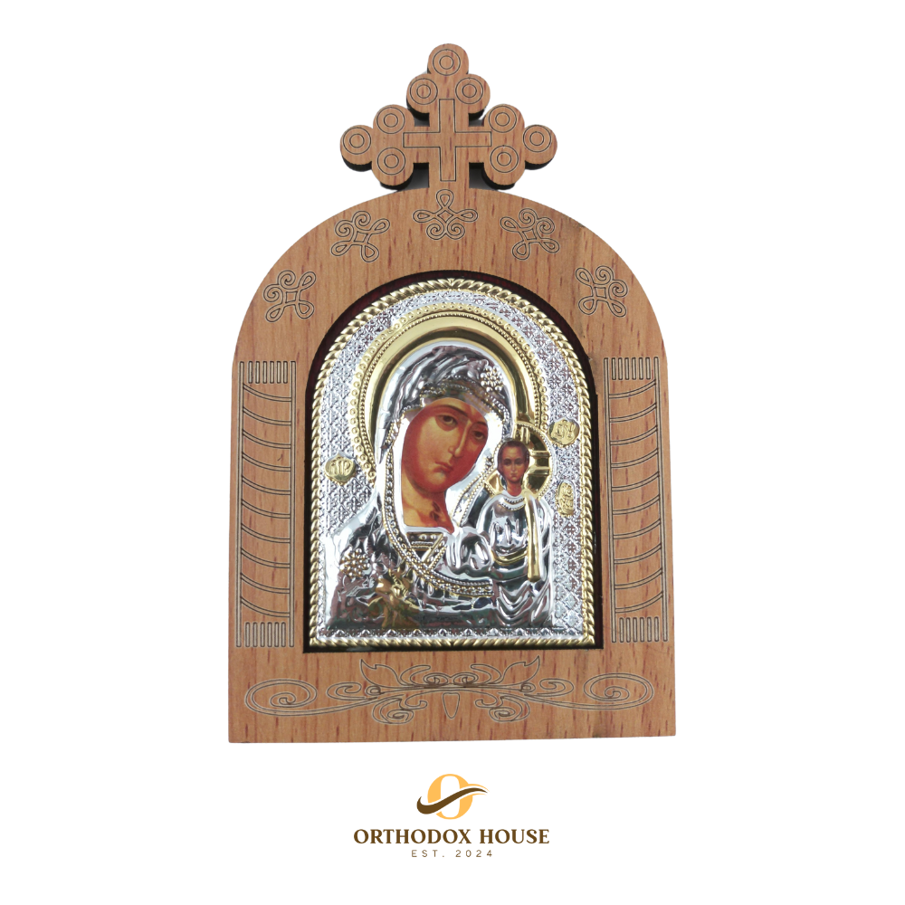 Kazanskaya Icon of Theotokos in Wooden Frame, Chased Kazanskaya Icon of Theotokos in Wooden Frame, Chased